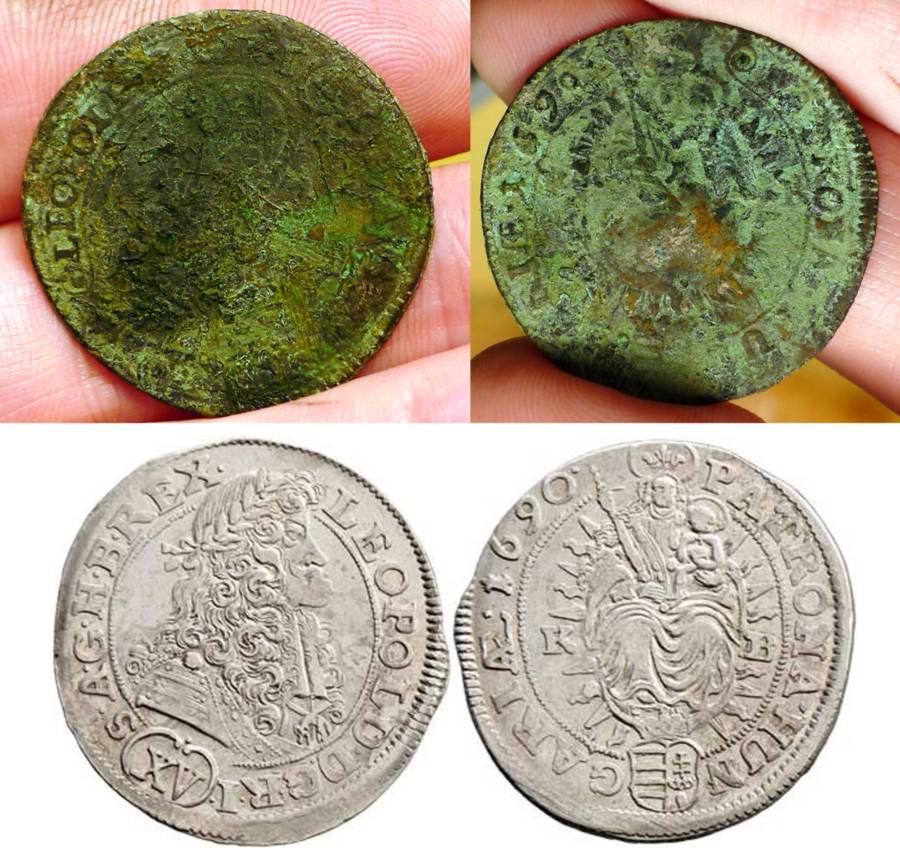 Příklad mince nalezené v novověkém zahradním horizontu...