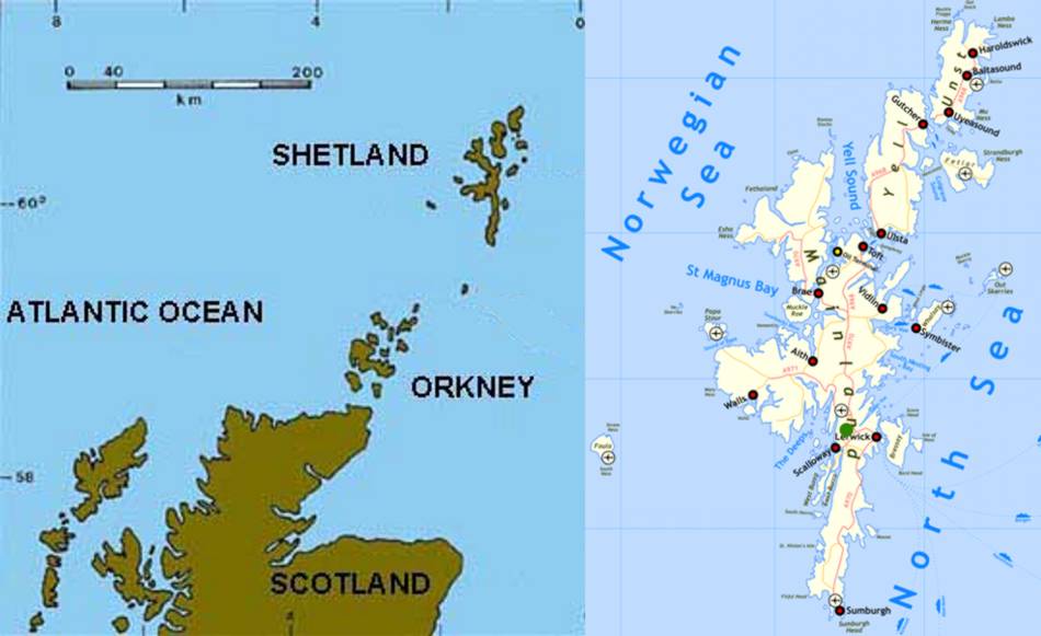 Mapa Shetland s vyznačením místa výzkumu (zelený bod)