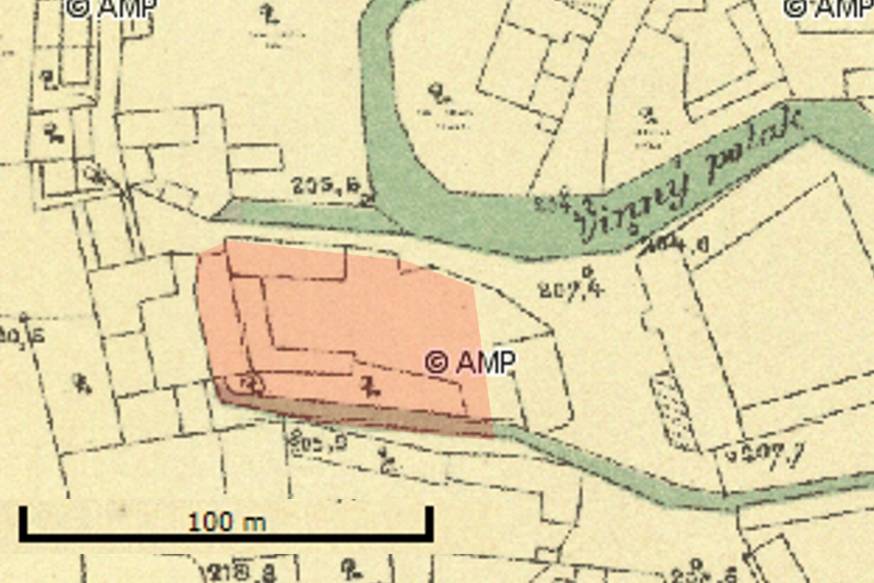 Mapa z r. 1889 - plocha archeologického výzkumu zvýrazněna...