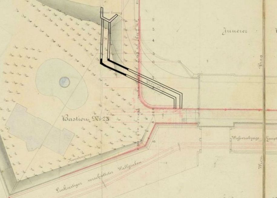 Obr.17: Plán z roku 1865 s bastionem sv. Mikuláše. Zvýrazněna...